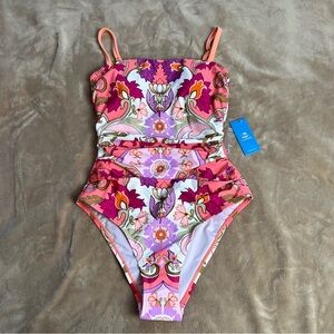 CUPSHE Pink and White Floral Abstract High Cut One Piece Swimsuit - Size S